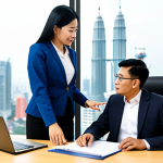 A professional Malaysian tax consultant in a modest business suit, seated at a modern office desk, actively guiding a diverse Malaysian business owner. The consultant points to a laptop screen displaying simplified financial data and tax projections, while the business owner attentively listens. The background features a bright, contemporary office setting with a blurred city skyline view, suggesting expertise and clarity. The scene evokes trust and professional support. fully clothed, modest clothing, appropriate attire, professional dress, safe for work, appropriate content, professional, family-friendly, perfect anatomy, correct proportions, natural pose, well-formed hands, proper finger count, natural body proportions, professional photography, high quality.
