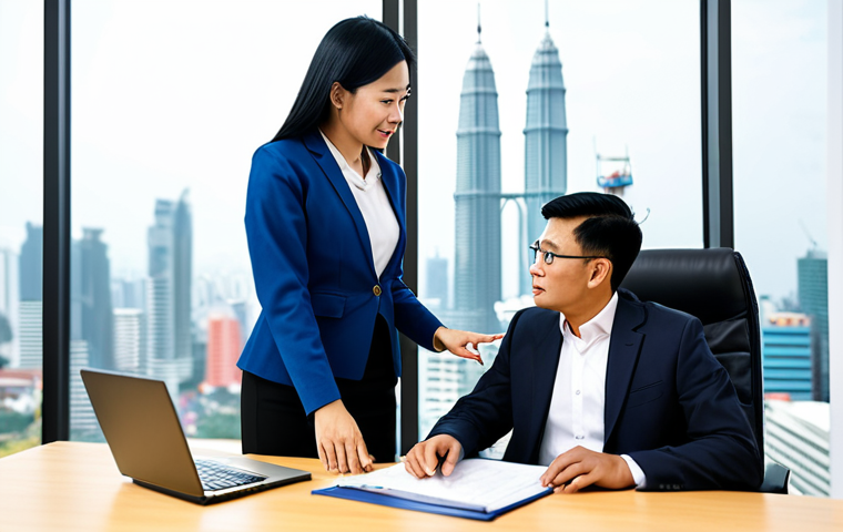 A professional Malaysian tax consultant in a modest business suit, seated at a modern office desk, actively guiding a diverse Malaysian business owner. The consultant points to a laptop screen displaying simplified financial data and tax projections, while the business owner attentively listens. The background features a bright, contemporary office setting with a blurred city skyline view, suggesting expertise and clarity. The scene evokes trust and professional support. fully clothed, modest clothing, appropriate attire, professional dress, safe for work, appropriate content, professional, family-friendly, perfect anatomy, correct proportions, natural pose, well-formed hands, proper finger count, natural body proportions, professional photography, high quality.
