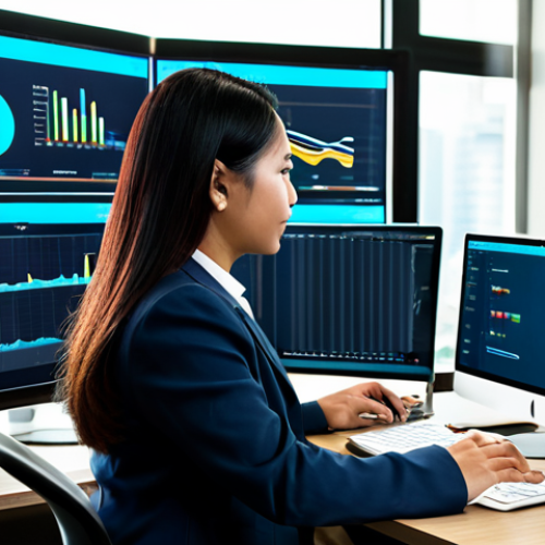 A professional Malaysian accountant, male or female, mid-career, diligently working at a sleek desk in a sunlit, modern office in Kuala Lumpur. They are dressed in a modest, contemporary business suit with professional dress, fully clothed, appropriate attire. The desk features multiple screens displaying financial dashboards and data analytics tools, such as a Power BI interface and a cloud accounting software logo like Xero. The accountant is focused and engaged with the screens, demonstrating an embrace of digital skills. Perfect anatomy, correct proportions, well-formed hands, proper finger count, natural body proportions. High-resolution, professional studio photography, soft lighting, safe for work, appropriate content, professional, family-friendly.