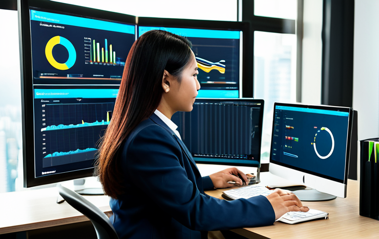A professional Malaysian accountant, male or female, mid-career, diligently working at a sleek desk in a sunlit, modern office in Kuala Lumpur. They are dressed in a modest, contemporary business suit with professional dress, fully clothed, appropriate attire. The desk features multiple screens displaying financial dashboards and data analytics tools, such as a Power BI interface and a cloud accounting software logo like Xero. The accountant is focused and engaged with the screens, demonstrating an embrace of digital skills. Perfect anatomy, correct proportions, well-formed hands, proper finger count, natural body proportions. High-resolution, professional studio photography, soft lighting, safe for work, appropriate content, professional, family-friendly.