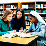 세무사 시험 준비를 위한 동기 부여 - Study Session**

"A group of fully clothed students in modest attire studying together at a library....